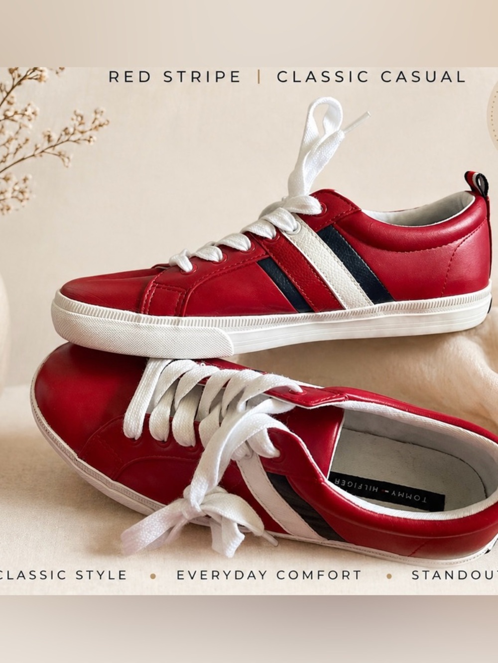 Tommy Hilfiger Red Sneakers with White & Blue Stripes